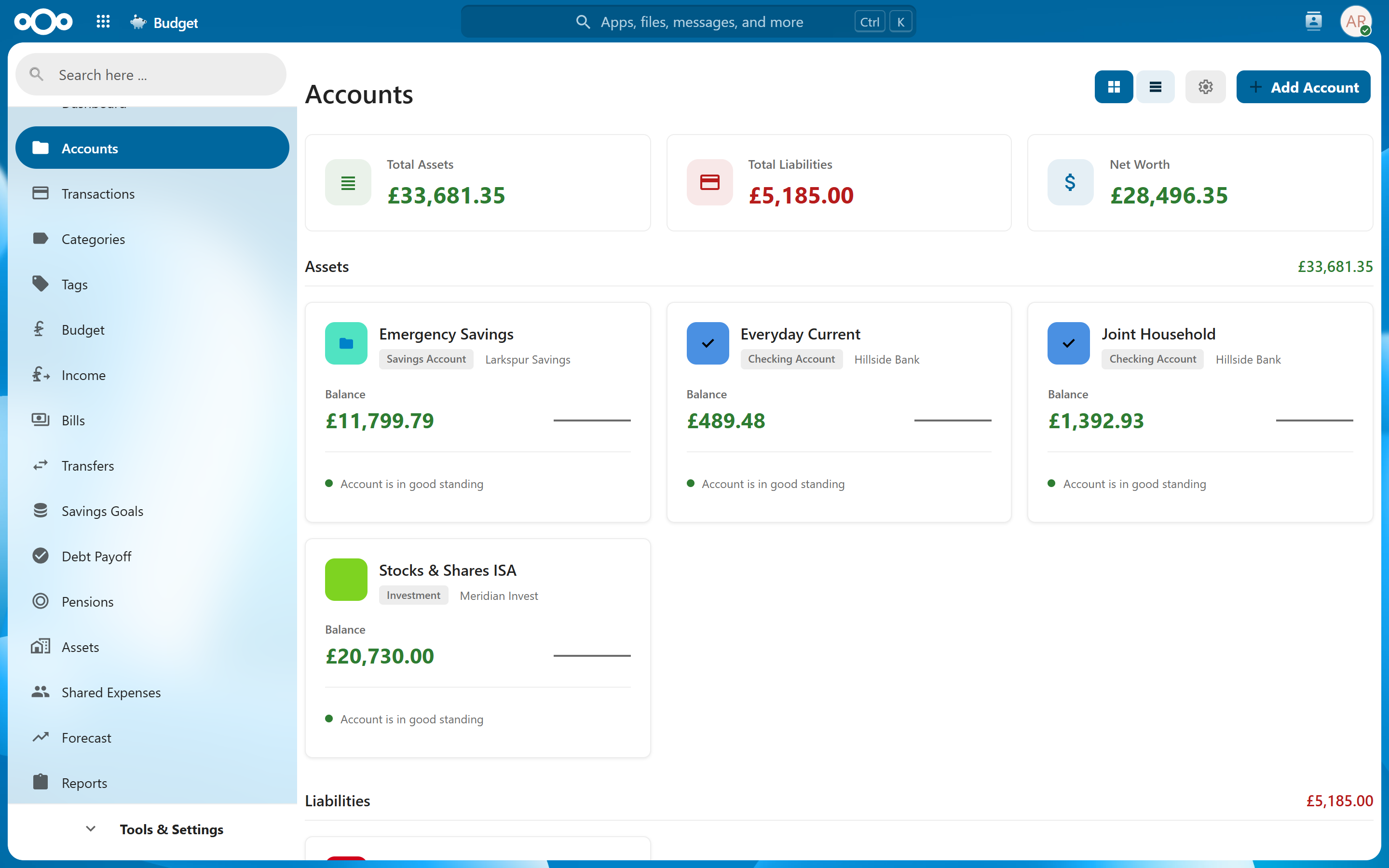 Accounts overview across multiple currencies