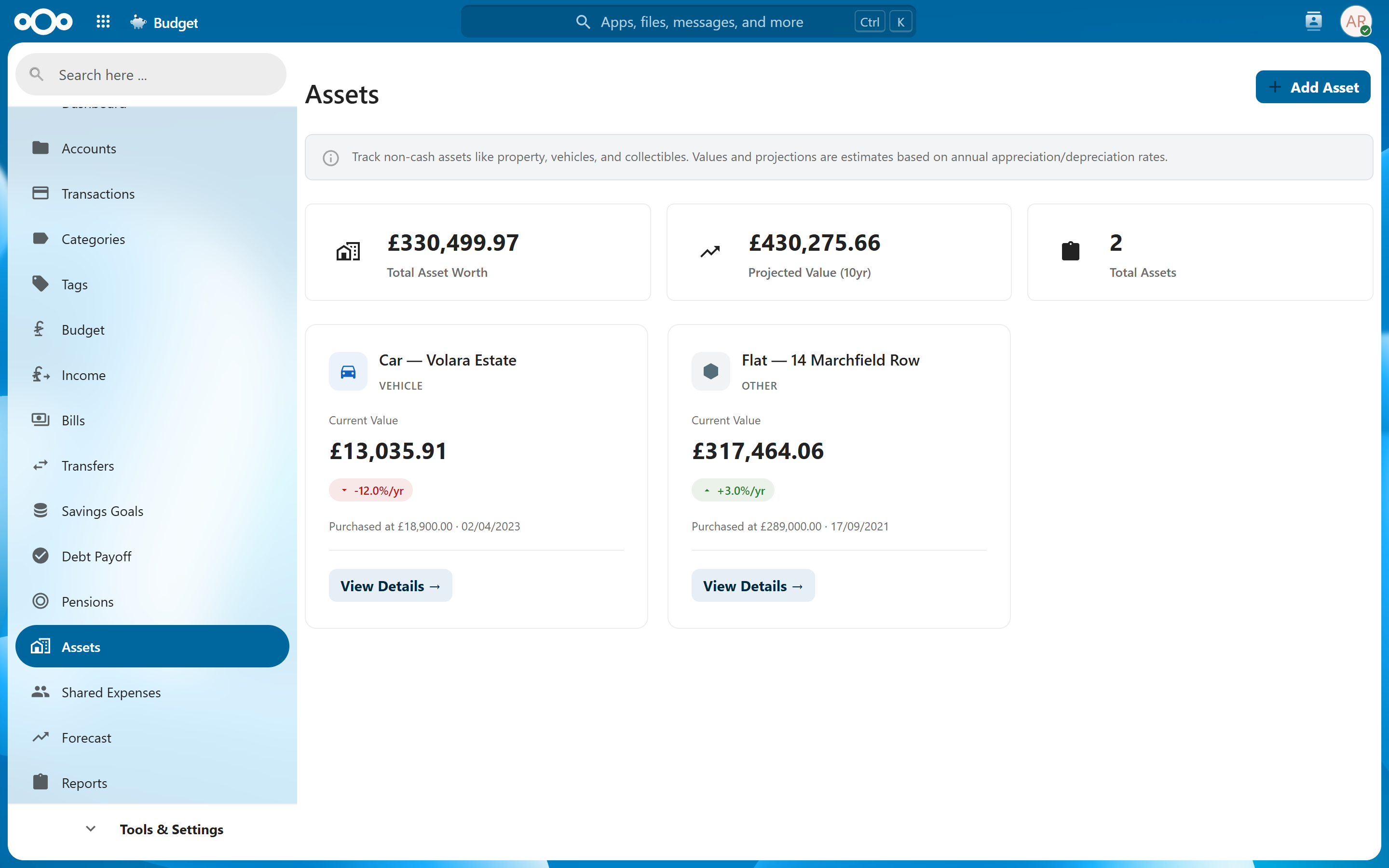 Assets and net worth in light theme