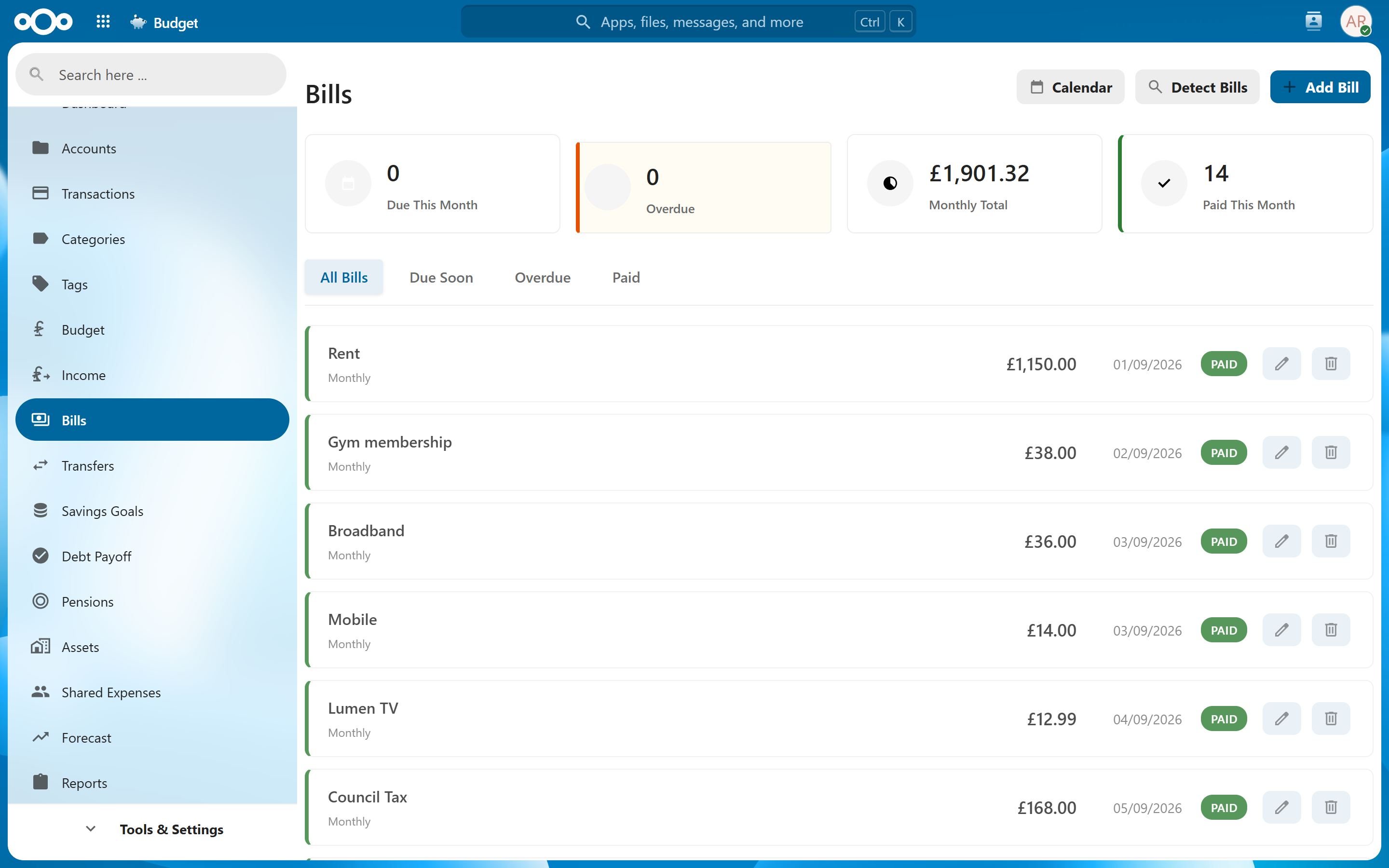 Bills view with due dates and recurring payments