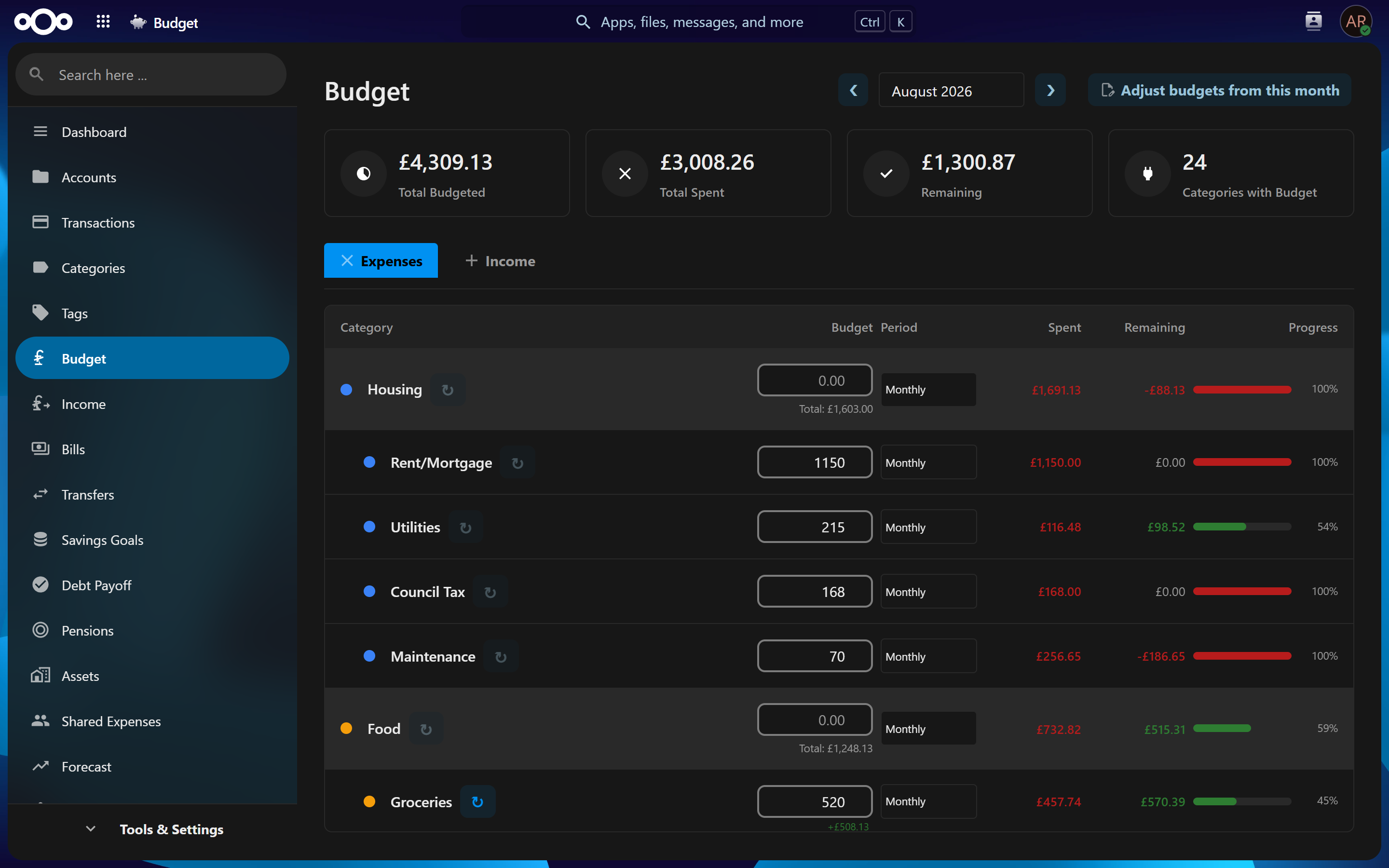 Budgets in dark theme