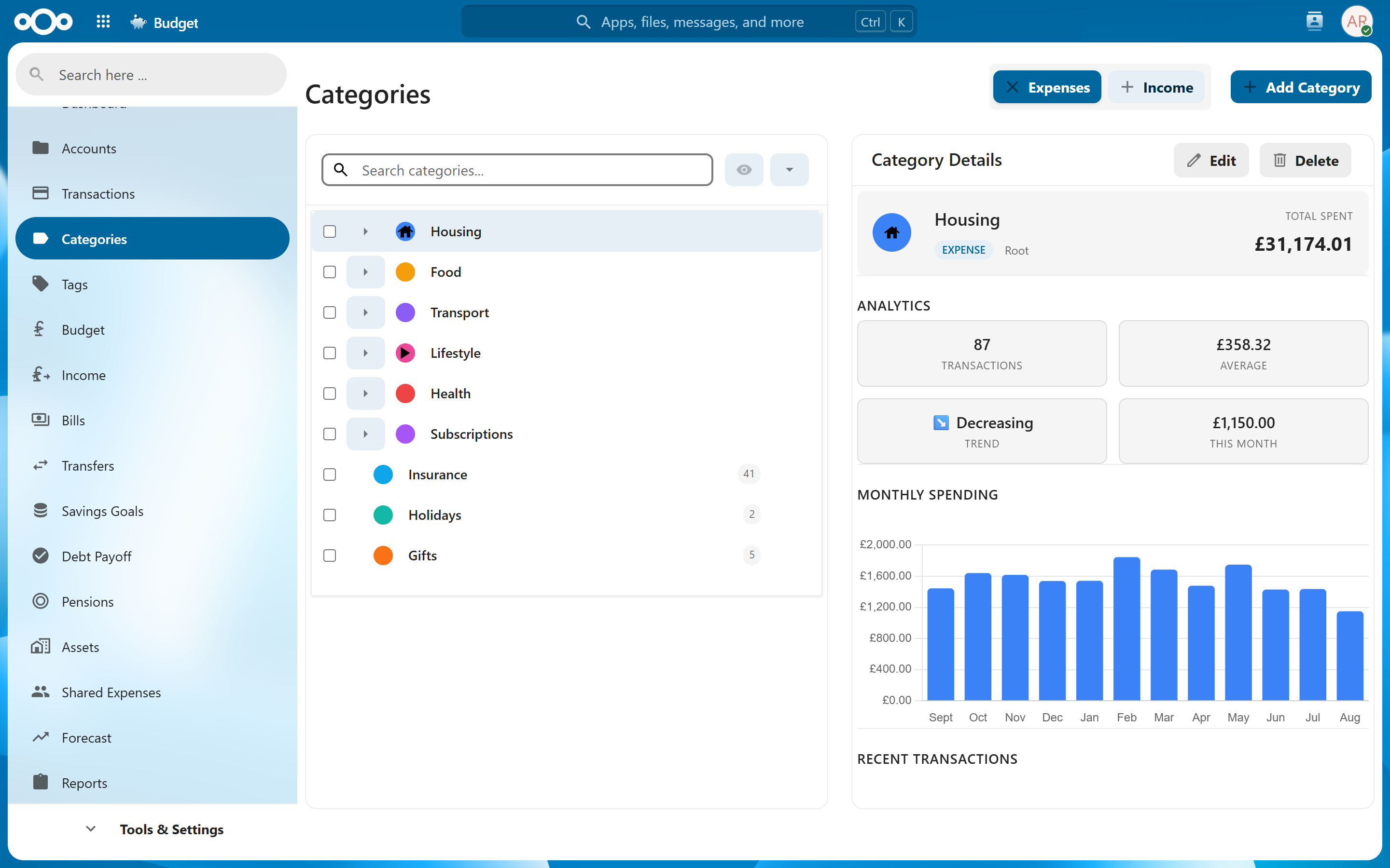 Categories in light theme