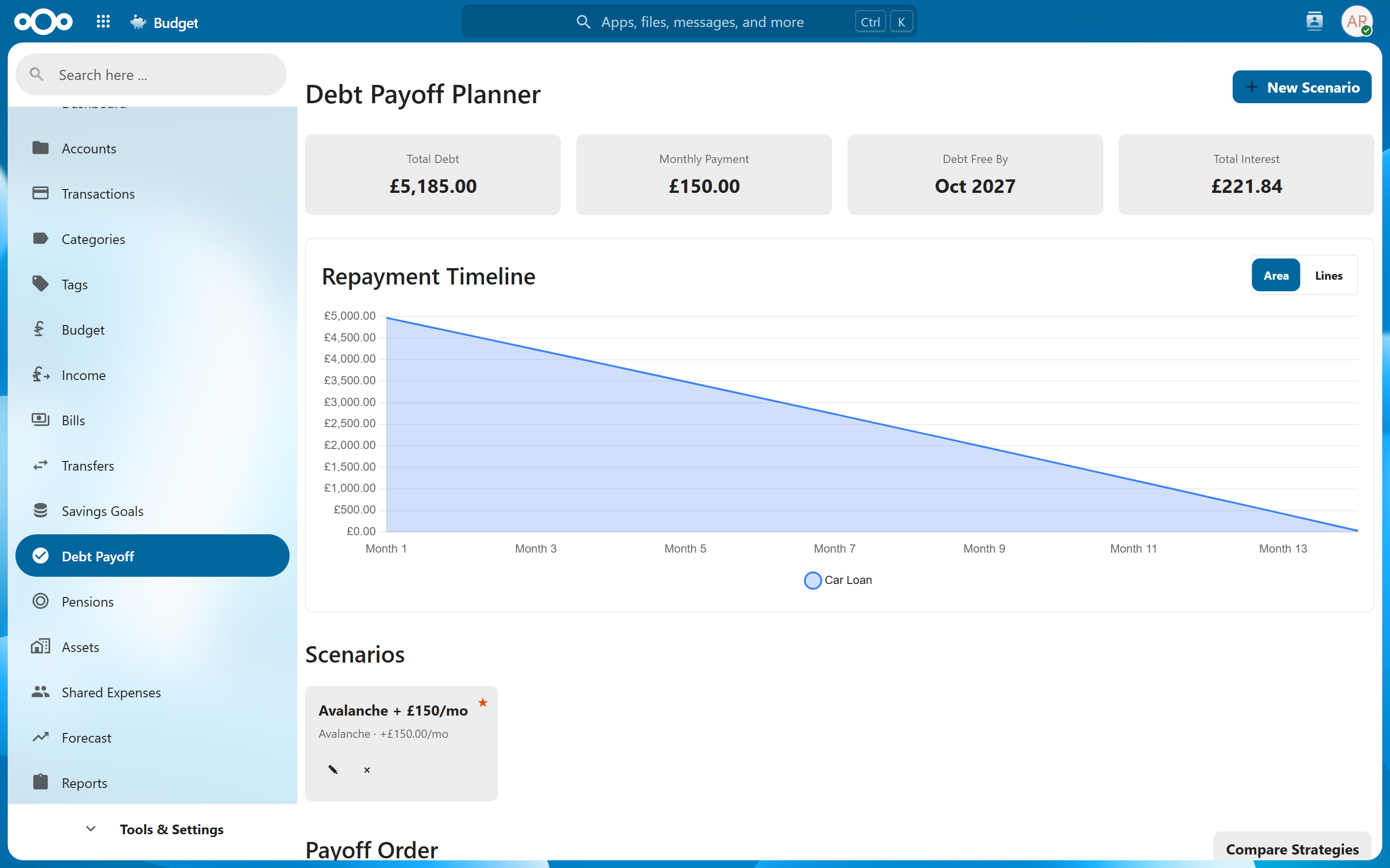 Debt payoff planner in light theme