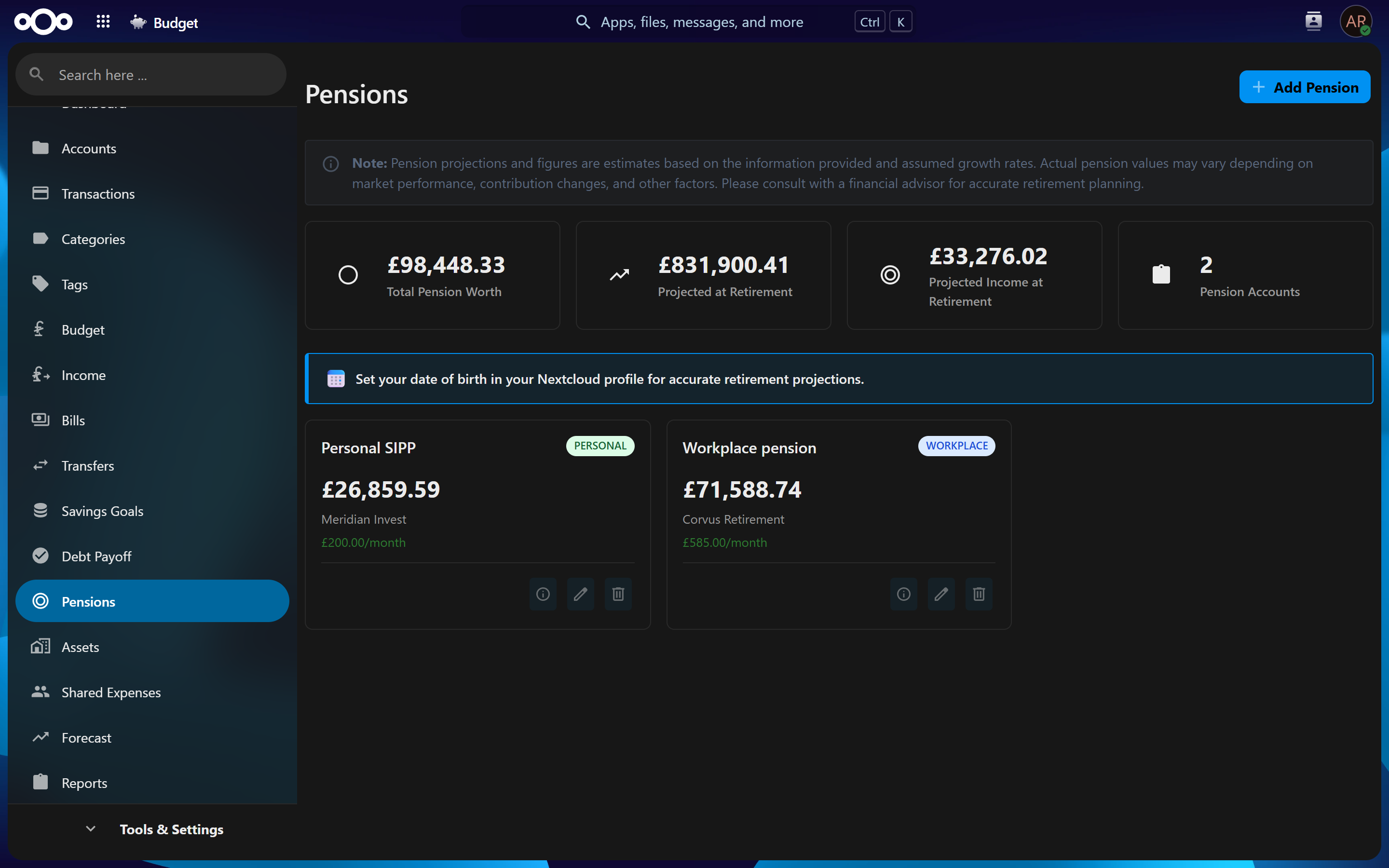 Pensions in dark theme