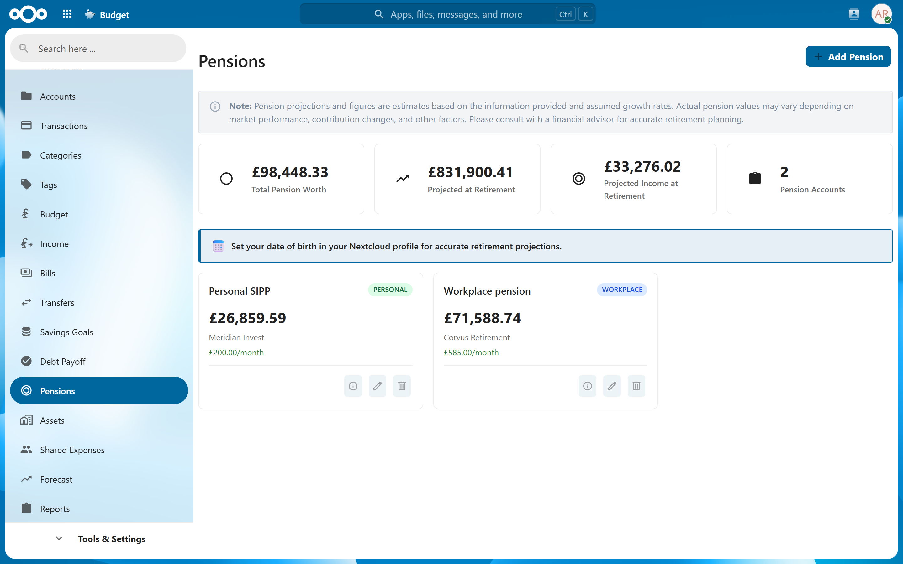 Pension tracker with growth projection chart