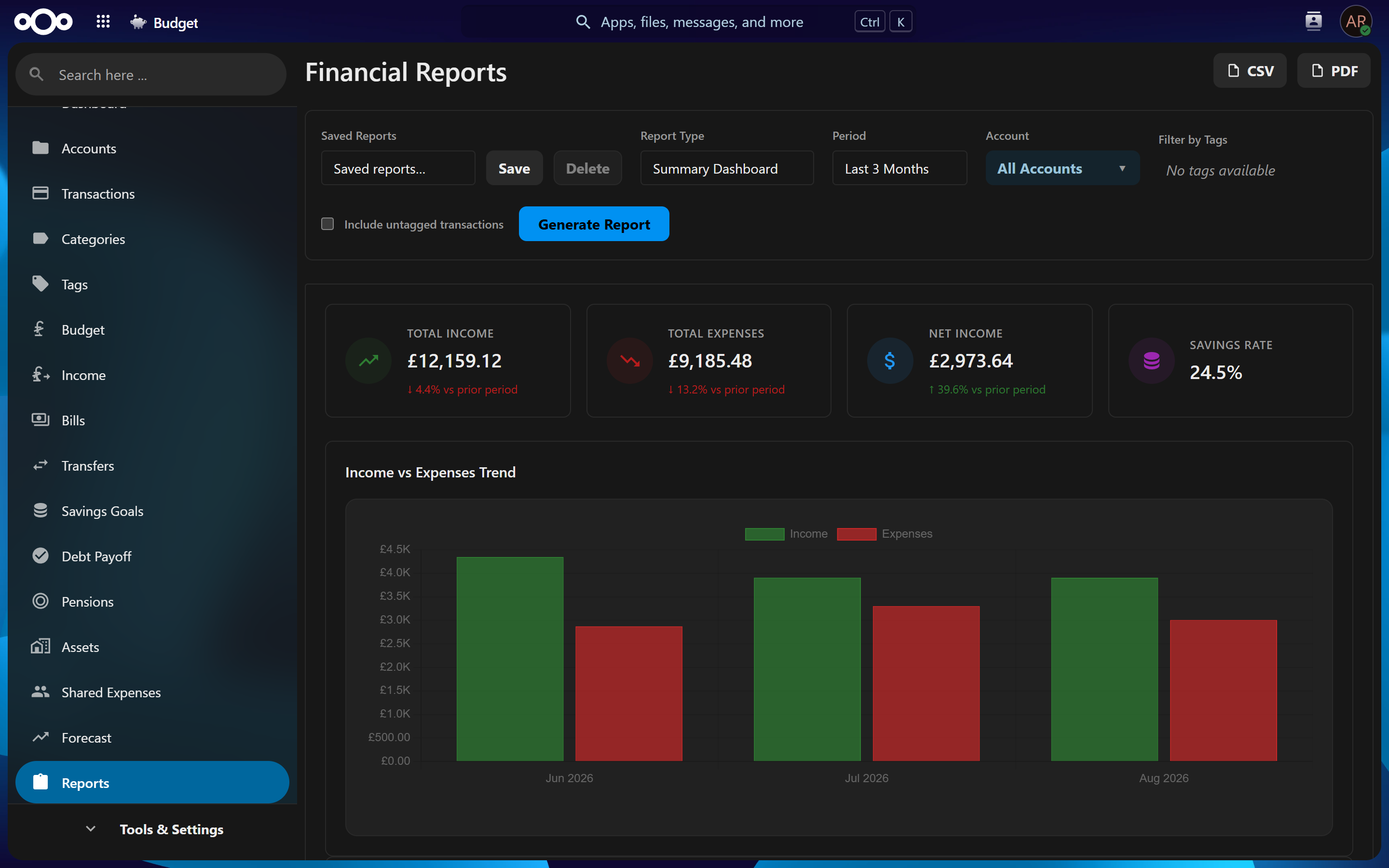 Reports in dark theme