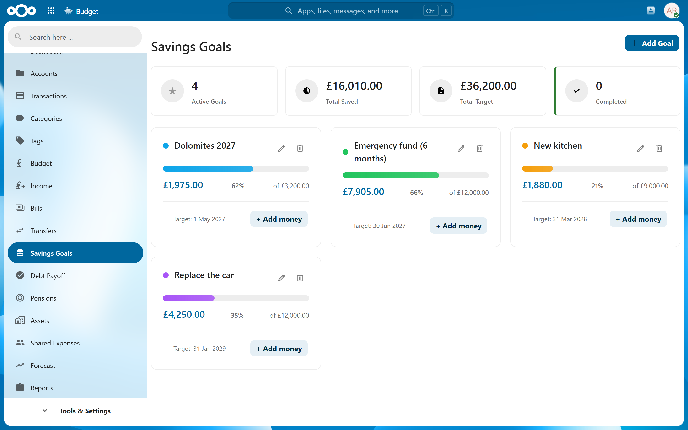 Savings goals with progress bars and target dates