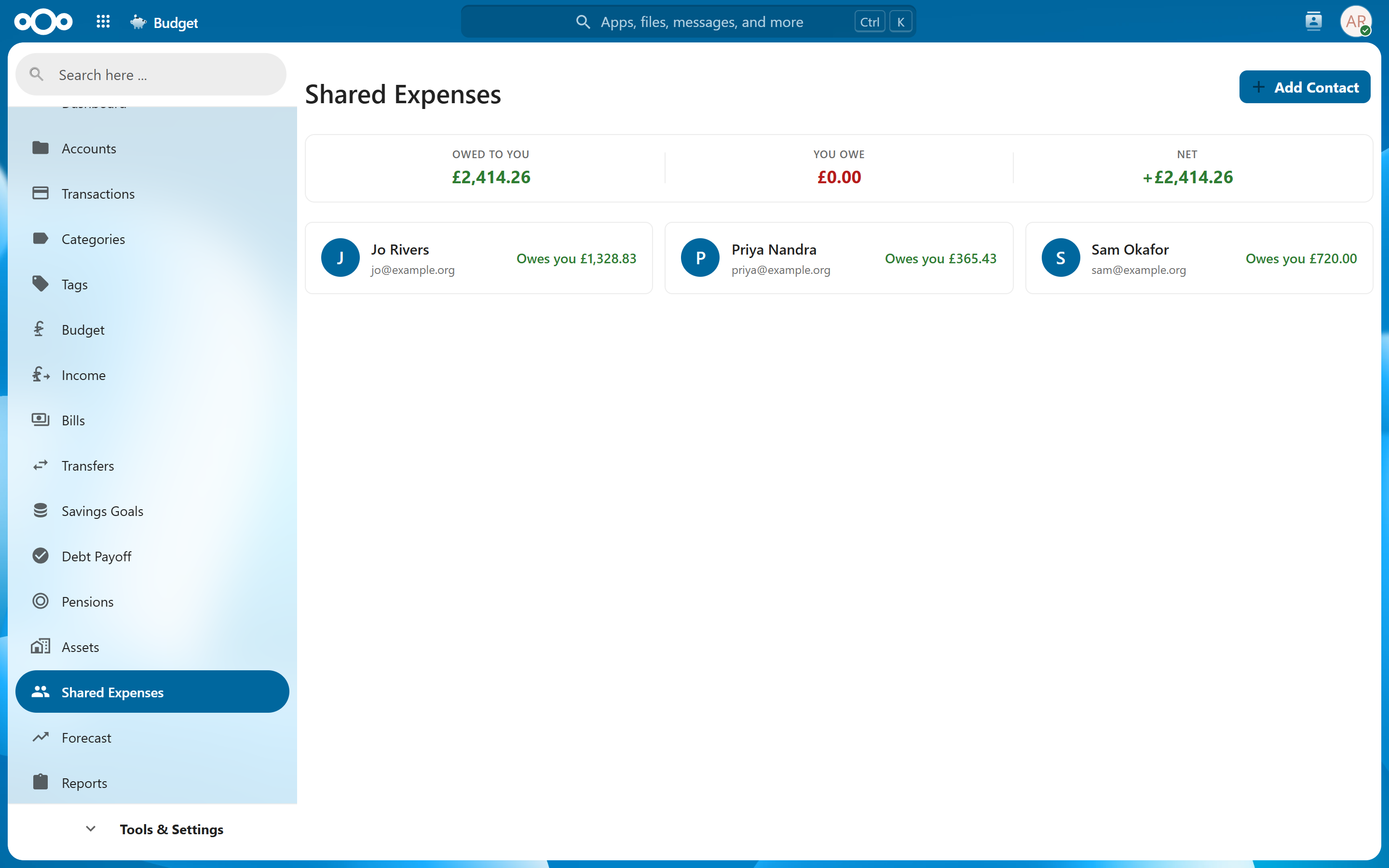 Shared expenses showing balances owed between contacts