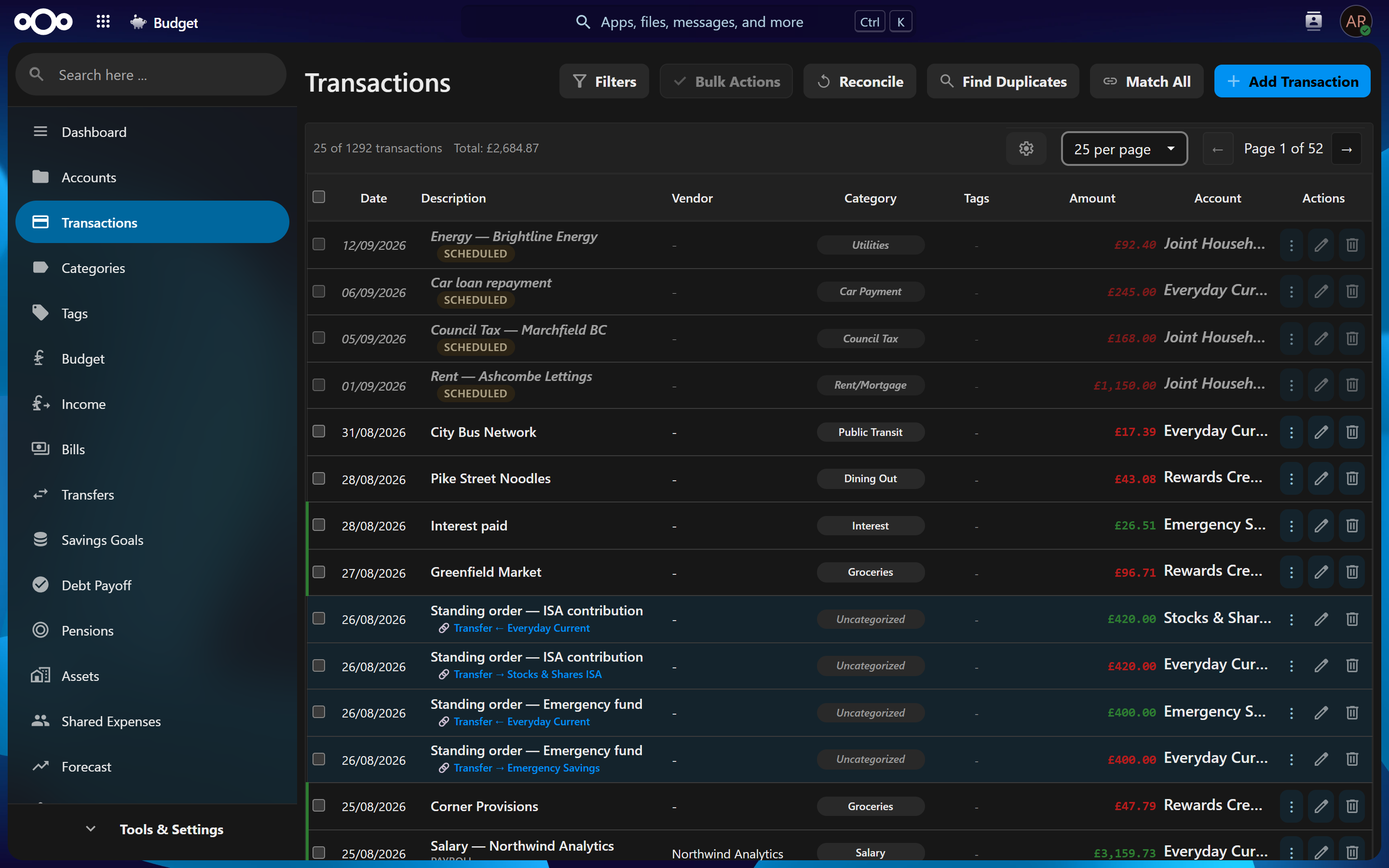 Transactions in dark theme