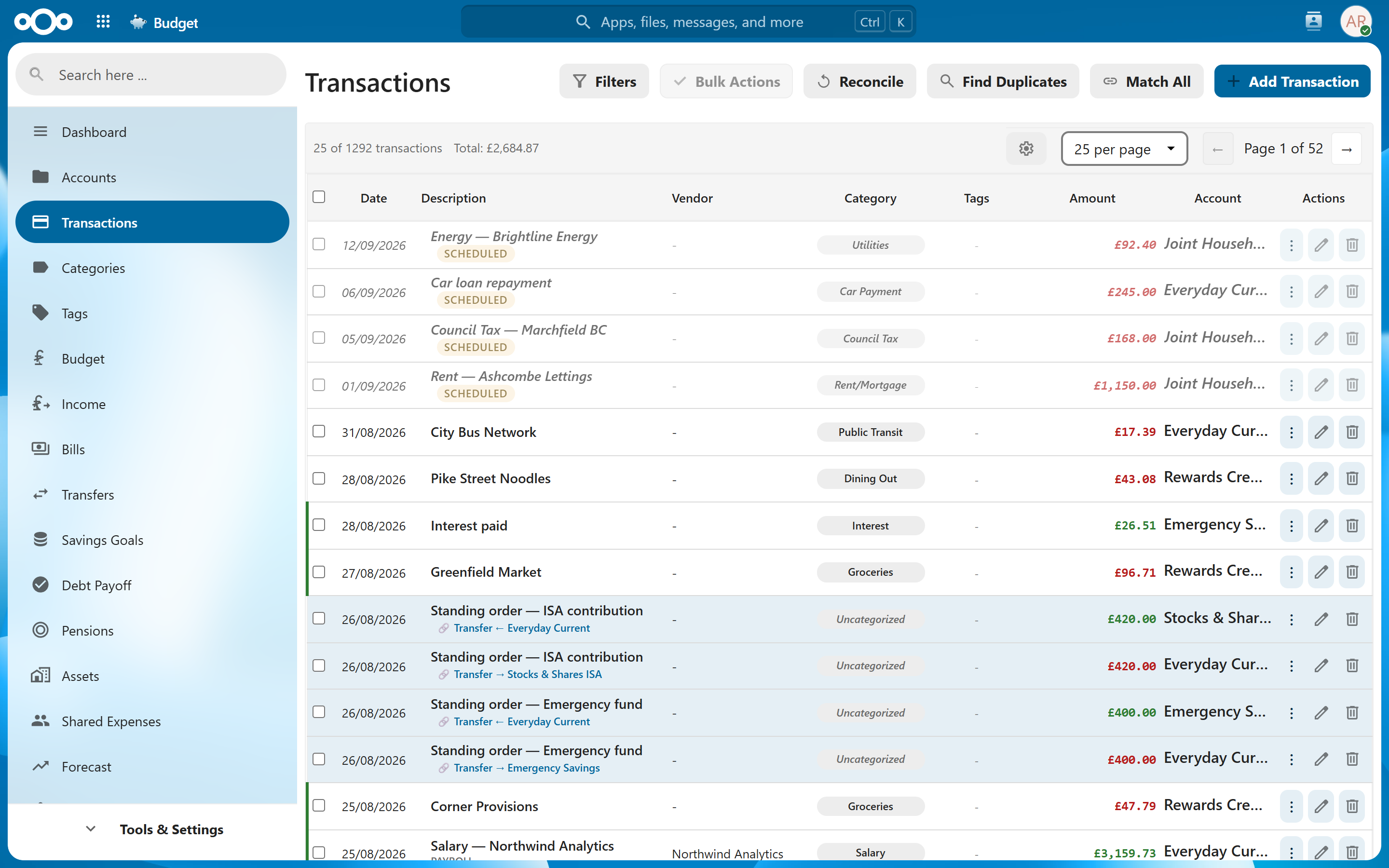 Transaction list with categories, tags, multiple accounts and currencies